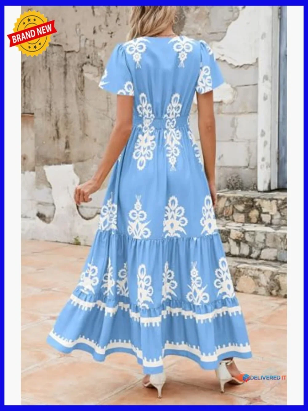 Boho Maxi Dress with Pockets Tiered Bell Sleeve - Picture 2 of 7